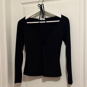 Mango Black Deep Neck Long Sleeve Top